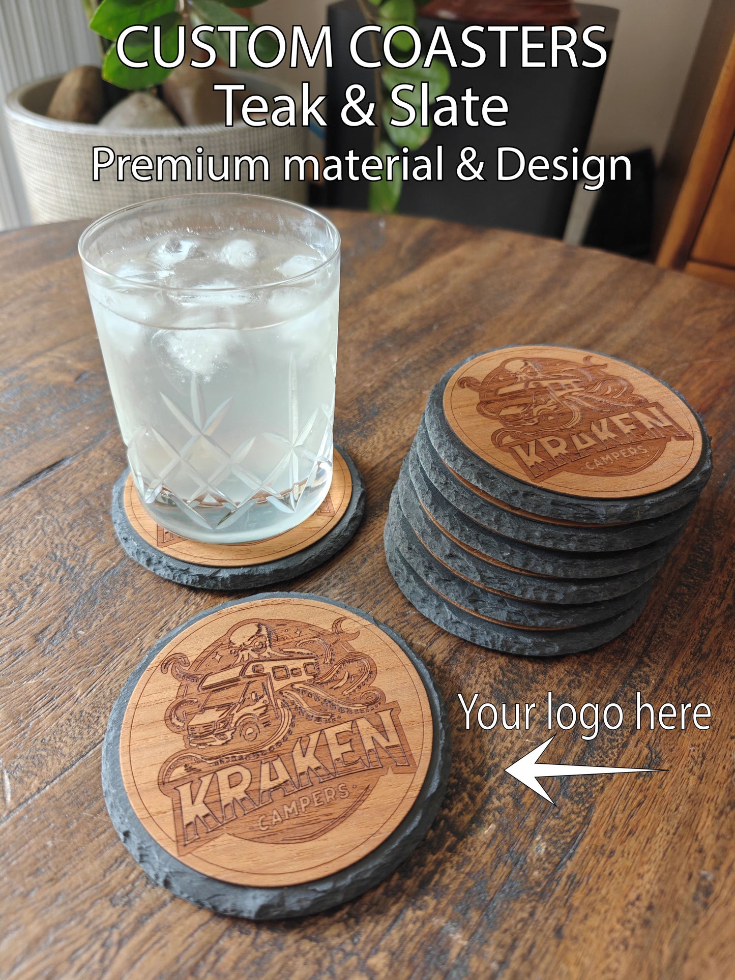 Coasters and Mats - Teak & Slate - Custom engraving